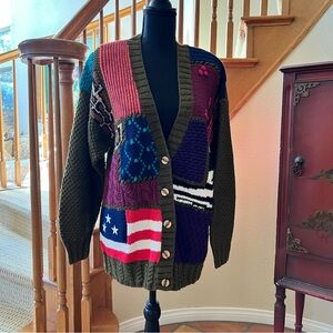 Vintage Outlander Cardigan Knit Sweater Patchwork Design American Flag Sz Small
